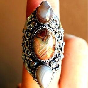 New Botswana Agate 925 Silver Statement Ring.